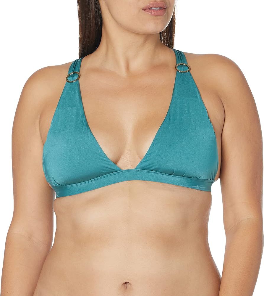 BCBGMAXAZRIA Women's Plunging V-Neck Shirred Solid Color Triangle Bra Bikini Swimsuit Top