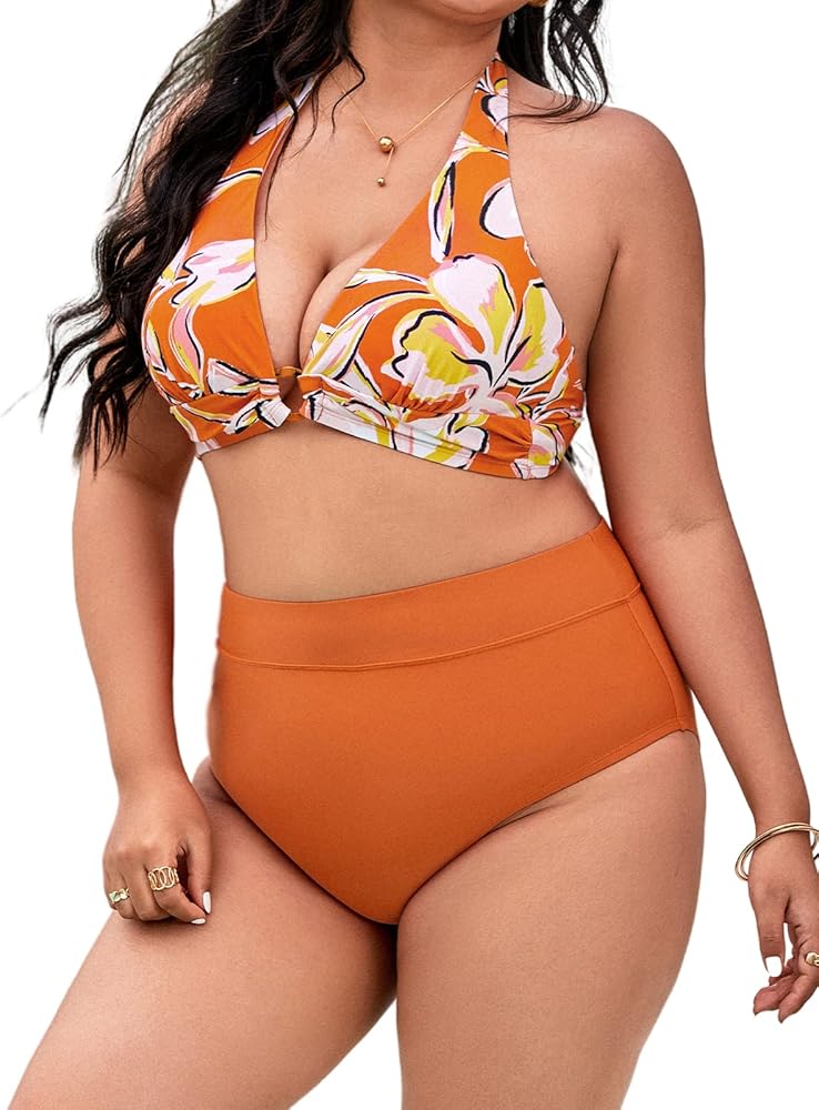 CUPSHE Women Swimsuit Plus Size Bikini Set High Waisted Tummy Cntrol Halter O-Ring Ruched Floral Bathing Suit