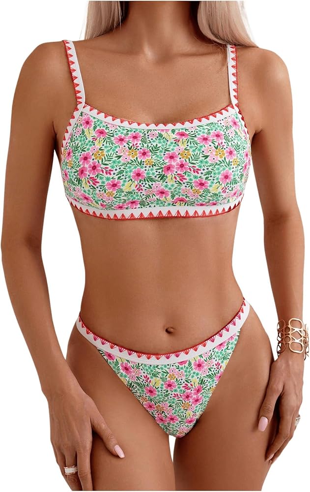 SOLY HUX Women's Floral Print Swimsuit Spaghetti Strap Bikini Sets Two Piece Bathing Suits