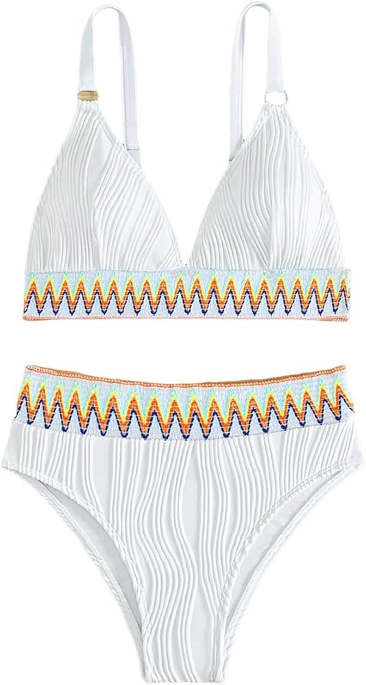 WDIRARA Women's 2 Piece Boho Swimsuits Textured Chevron V Neck Bikini Set Bathing Suit Swimwear