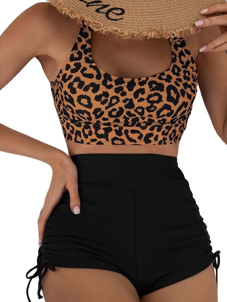 MakeMeChic Women's 2 Piece Bathing Suits Leopard Scoop Neck Drawstring High Waisted Bikini Shorts Swimsuit