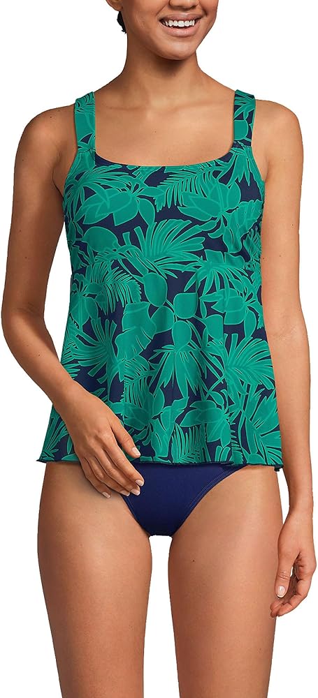 Lands' End Womens Chlorine Resistant Flutter Scoopneck Tankini Top Navy/emerald Palm Foliage Regular Large