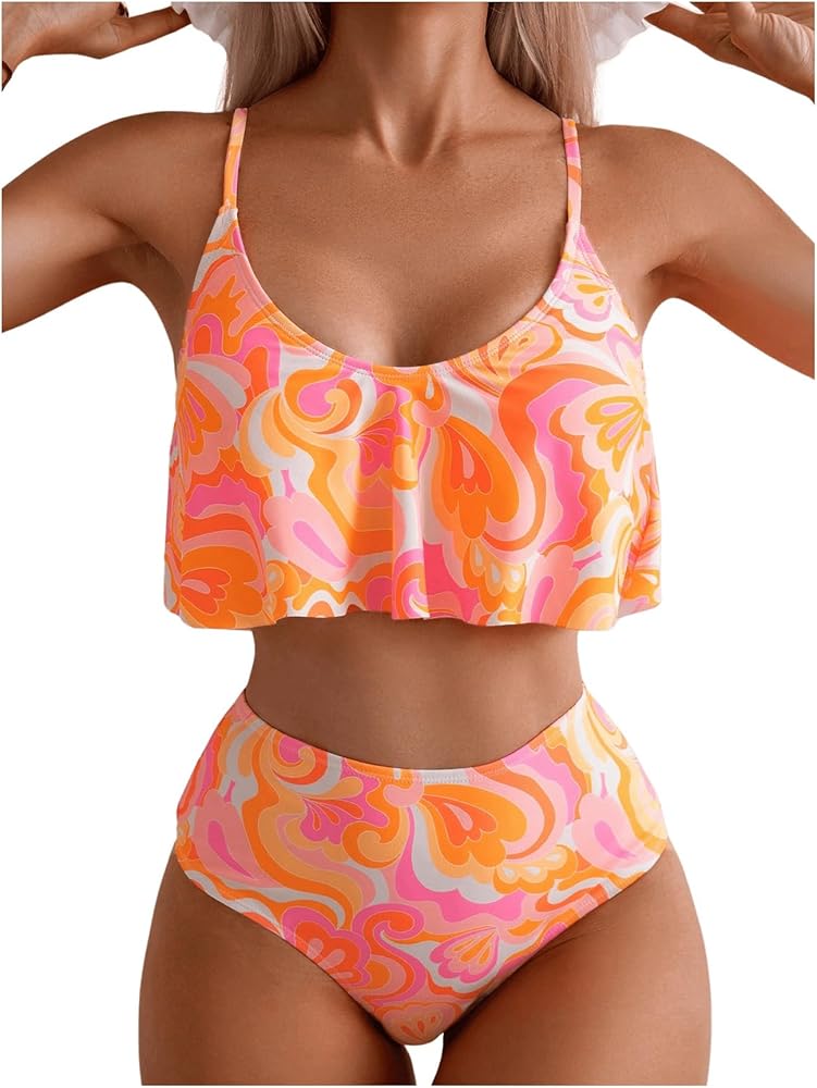 Verdusa Women's 2 Piece Set Graphic Printed Flounce Scoop Neck Bikini Swimsuit