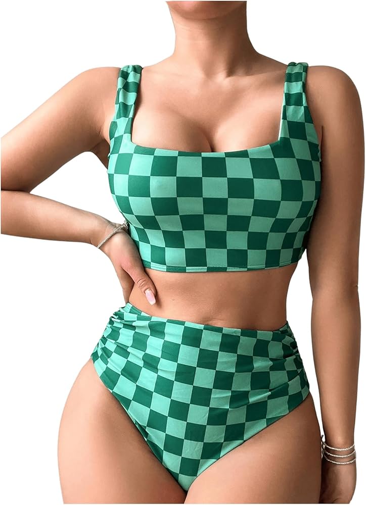 Floerns Women's Plaid Print Square Neck Tankini Sets Two Piece Bathing Suit