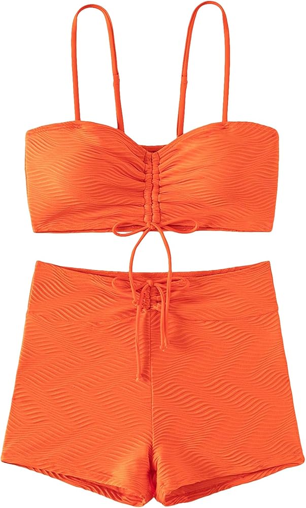 SHENHE Women's Simple Tankini Swimsuits High Waisted Tummy Control Bikini Sets Orange Solid S