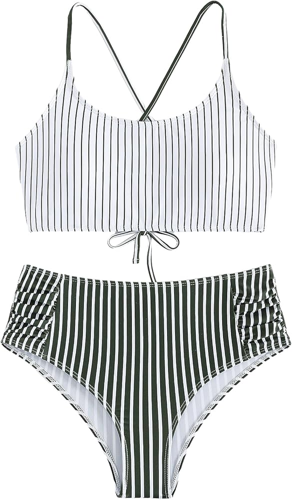 SweatyRocks Women's Bathing Suits Striped Criss Cross Bikini Set High Waisted Swimsuits