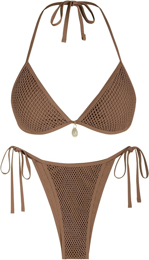 ZAFUL Womens Trendy Halter Bikini Sexy Triangle Bikini Sets Fishnet String Bathing Suits 2 Piece Swimwear