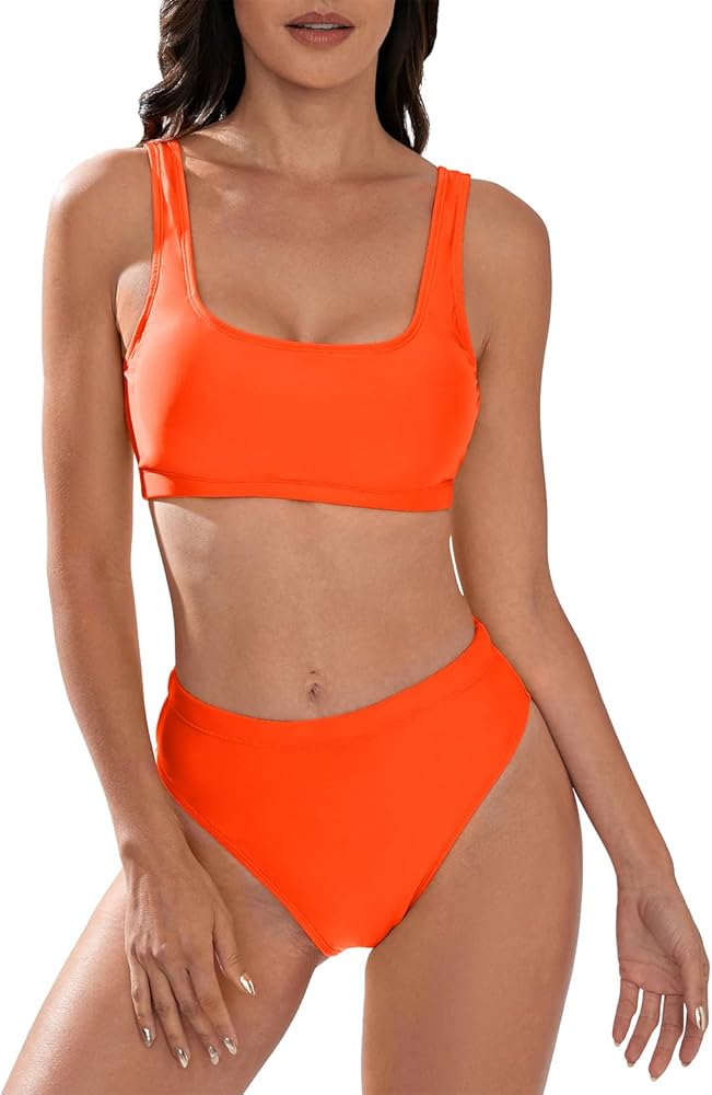 Women's High Waisted Bikini Sets Sporty Two Piece Swimsuits Solid Color Cheeky High Cut Bathing Suits