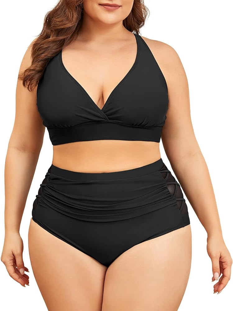 Womens Plus Size Bikini Tummy Control Swimsuits Two Piece Bathing Suits High Waisted Swimwear