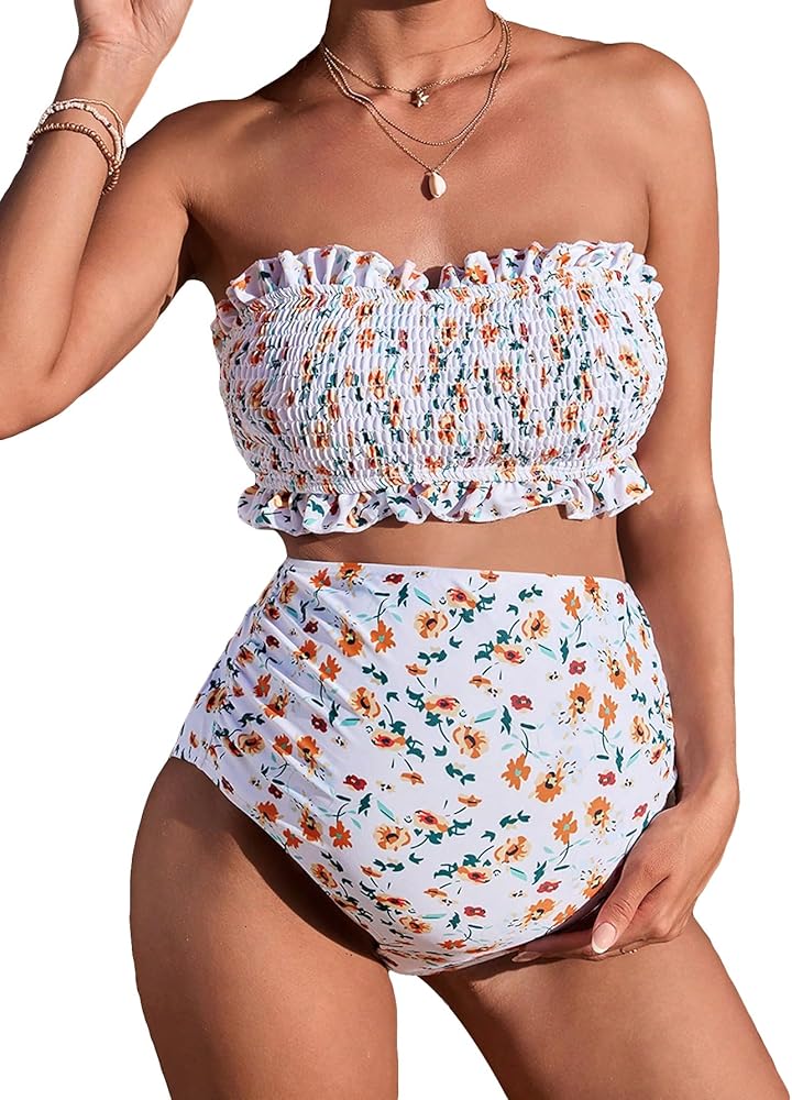 MakeMeChic Women's Maternity Bathing Suit Ditsy Floral Two Piece Bandeau Bikini Sets Frill Trim High Waist Swimsuit