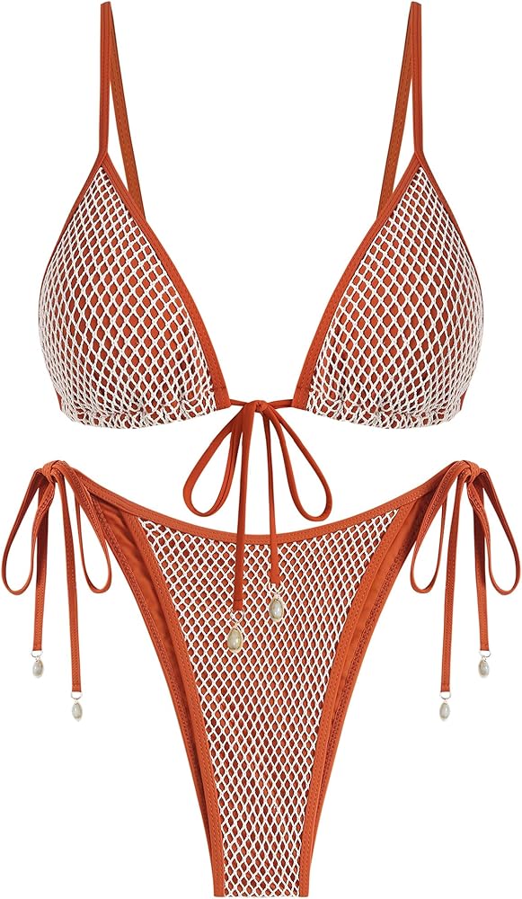 ZAFUL Women Triangle String Two Piece Bikini Fishnet Mesh Tie Shell Decor Tanga 2 Piece Swimsuit 25-Brown L