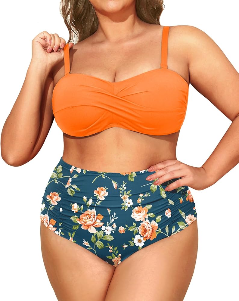 Yonique Women Plus Size High Waisted Bikini Sets Two Piece Strapless Swimsuits Tummy Control Bathing Suit Bandeau Swimwear Orange Flowers 18W