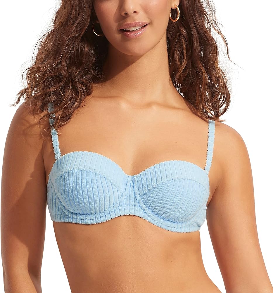 Seafolly Women's Underwire Bustier Bralette Bikini Top Swimsuit, Havana Powder Blue, 8