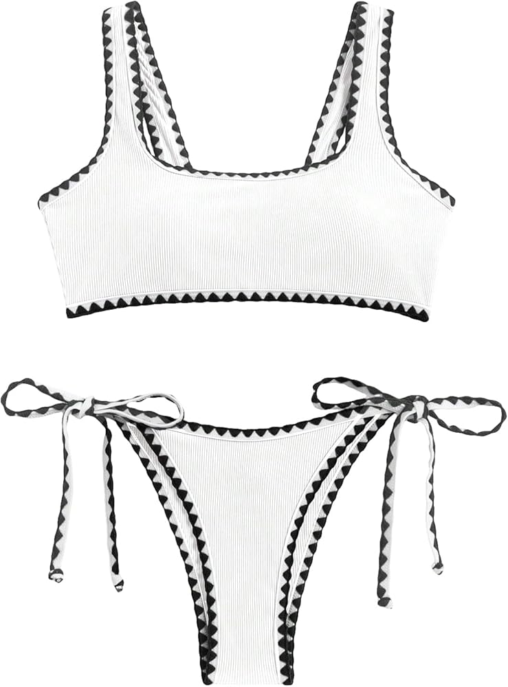 WDIRARA Women's 2 Piece Geometric Whip Stitch Tie Side Swimwear Set Contrast Binding Textured Bikini Sets Bathing Suit