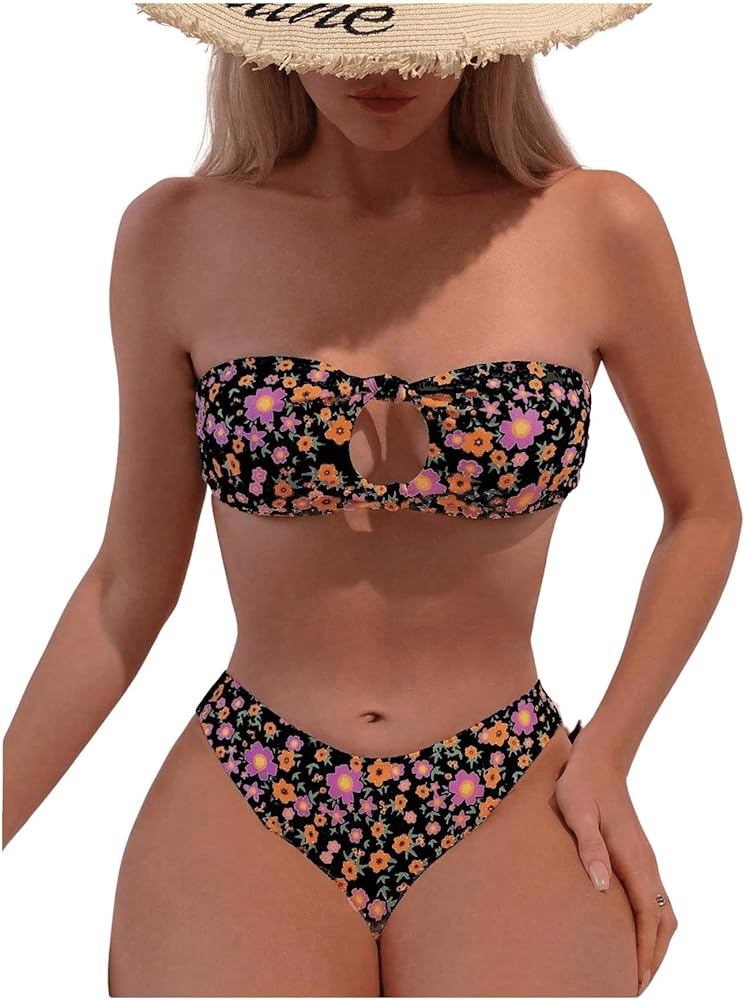 MakeMeChic Women's 2 Piece Bandeau Swimsuit Floral Cut Out Bikini Set Strapless Bathing Suits