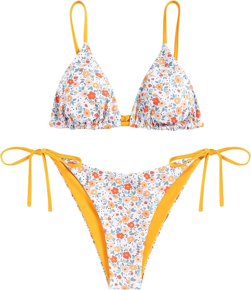 ZAFUL Women's Triangle Bikini Floral String Bikini Set Two Piece Swimsuit Bathing Suits