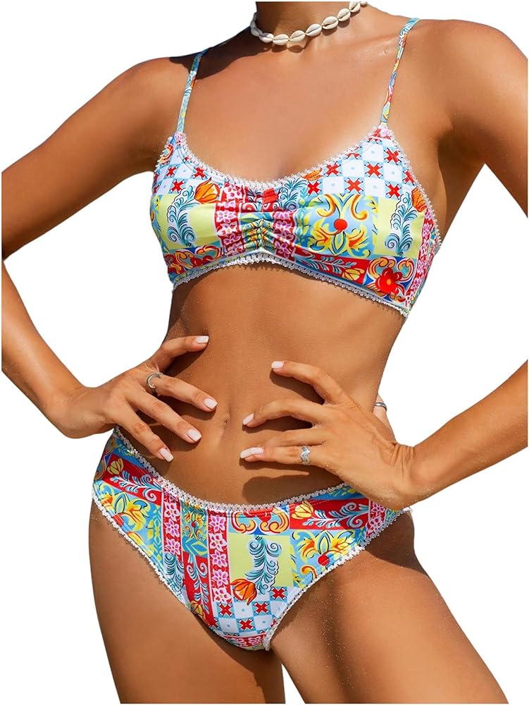 MakeMeChic Women's 2 Piece Bikini Sets Floral Print Twist High Waisted Swimsuit Bathing Suit