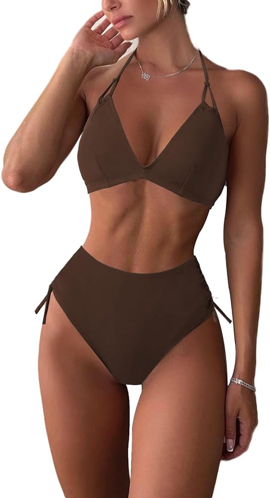 Women's High Waisted Bikini Sets Side Drawstring Adjustable Swimwear Halter Cheeky Two Piece Bathing Suit