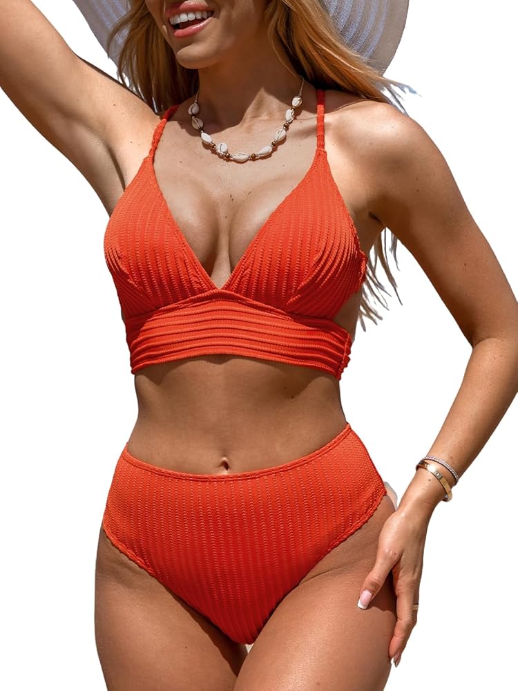 CUPSHE Women's Bikini Sets Two Piece Swimsuit Plunging Neck Crisscross Back Self Tie Lace Up Mid Rise