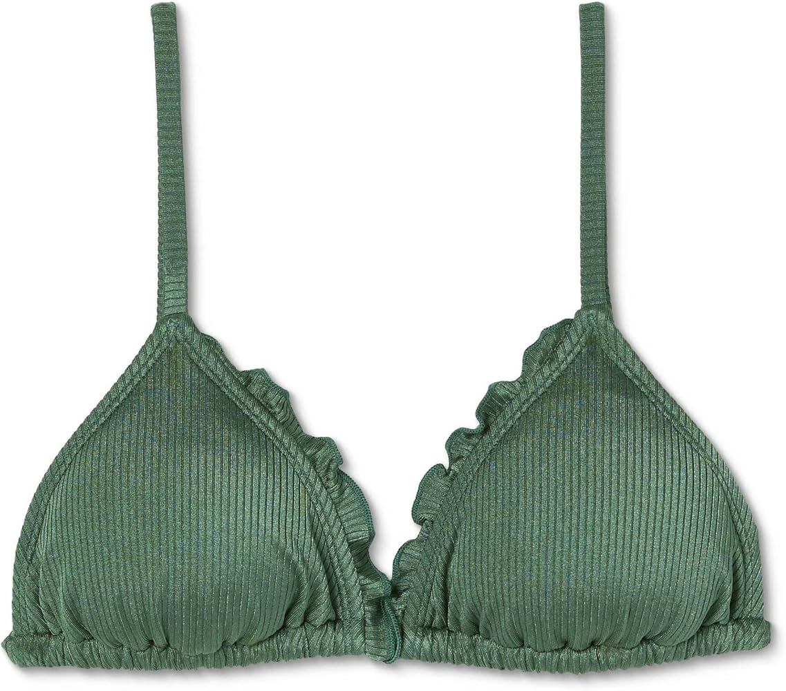 Juniors' Shiny Ribbed Ruffle Triangle Bikini Top - (Moss Green, Medium)