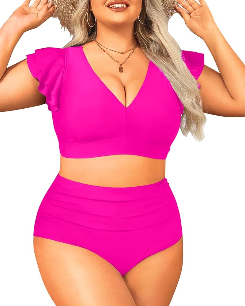 Daci Plus Size Two Piece Bikini Swimsuits - High Waisted Tummy Control Women Bathing Suits with Ruffle Sleeve Swimwear