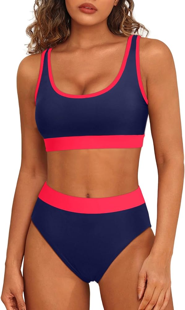 Tempt Me Women Two Piece High Waisted Bikini Sets Sporty Swimsuit Cheeky Color Block Bathing Suit