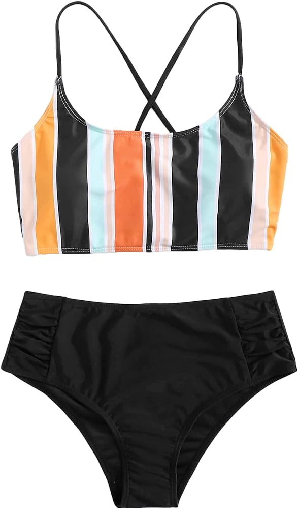 SweatyRocks Women's Bathing Suits Striped Criss Cross Bikini Set High Waisted Swimsuits