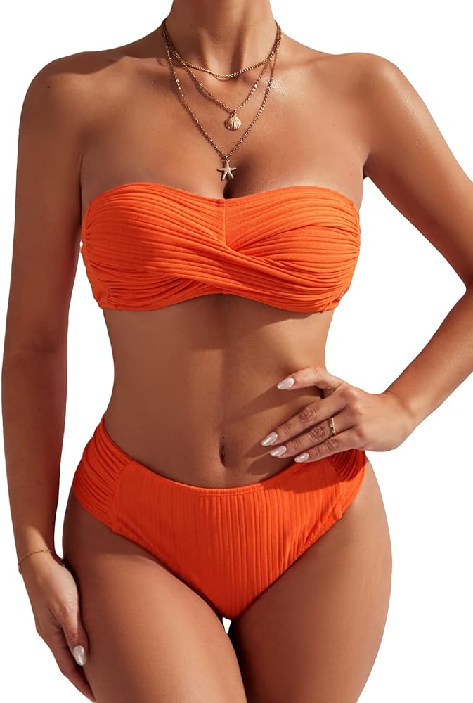 GORGLITTER Women's Bandeau Swimsuit 2 Piece Twist Front Strapless High Waisted Bikini Set Bathing Suit