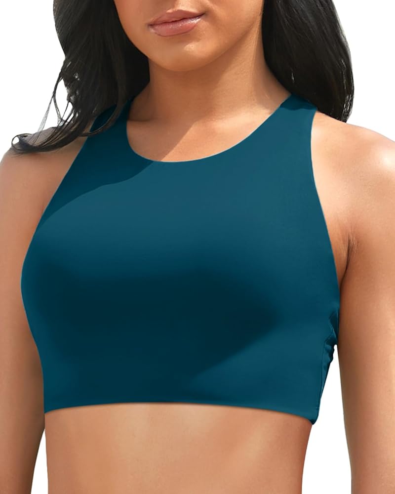 Aqua Eve Women Bikini Top Only Crop Swim Top High Neck Bathing Suit top Sports Bra Swimsuit Tops Blue Green XL