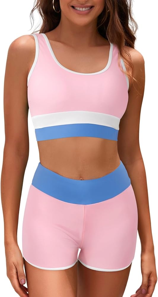 Herseas Women 2 Piece High Waisted Bikini Set Athletic Color Block Swimsuits 2024 Tankini Top with Boyshort Bathing Suit