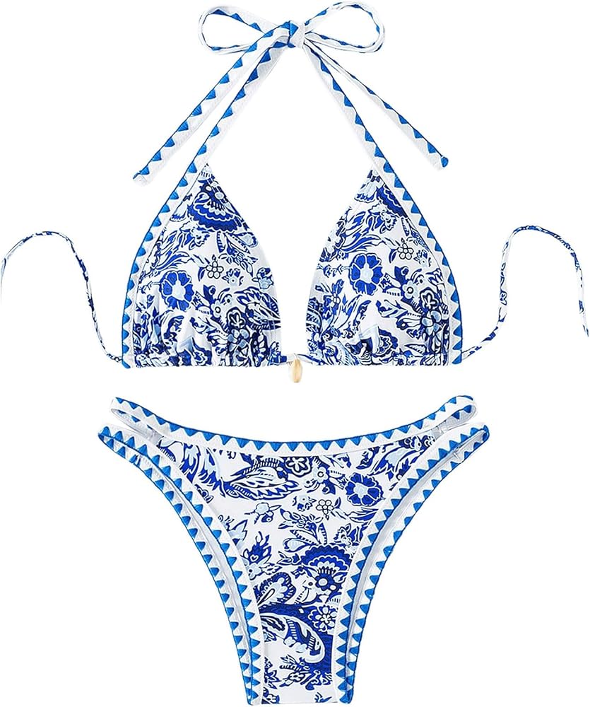 Women's Two Piece Floral Print Bikini Set Triangle Halter Top Cut Out Thong Swimsuit Boho High Waisted Bathing Suit