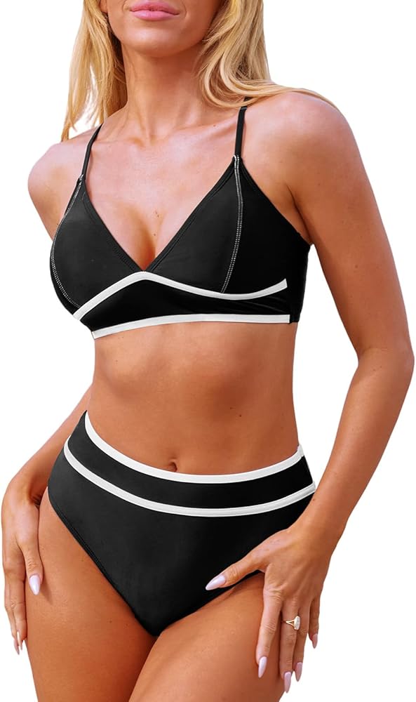 CUPSHE Women's Bikini Sets V Neck Adjustable Back Crisscross Straps Mid Rise Color Block Bathing Suit