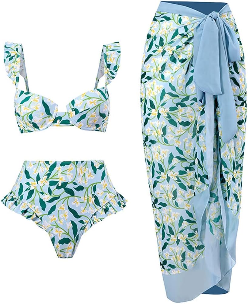 Women's Vintage Floral Print One Piece Swimsuit Ruffle Backless Swimming Suits with Movable Chest Pads