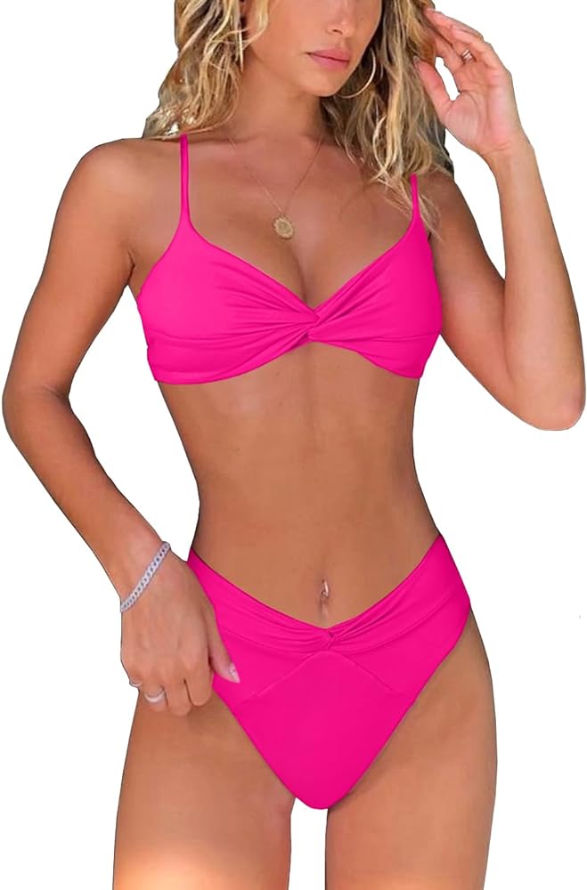 Women's Solid V Neck Adjustable Spaghetti Strap Twist Front Bikini Set Cheeky V Cut High Waisted Two Piece Swimsuit