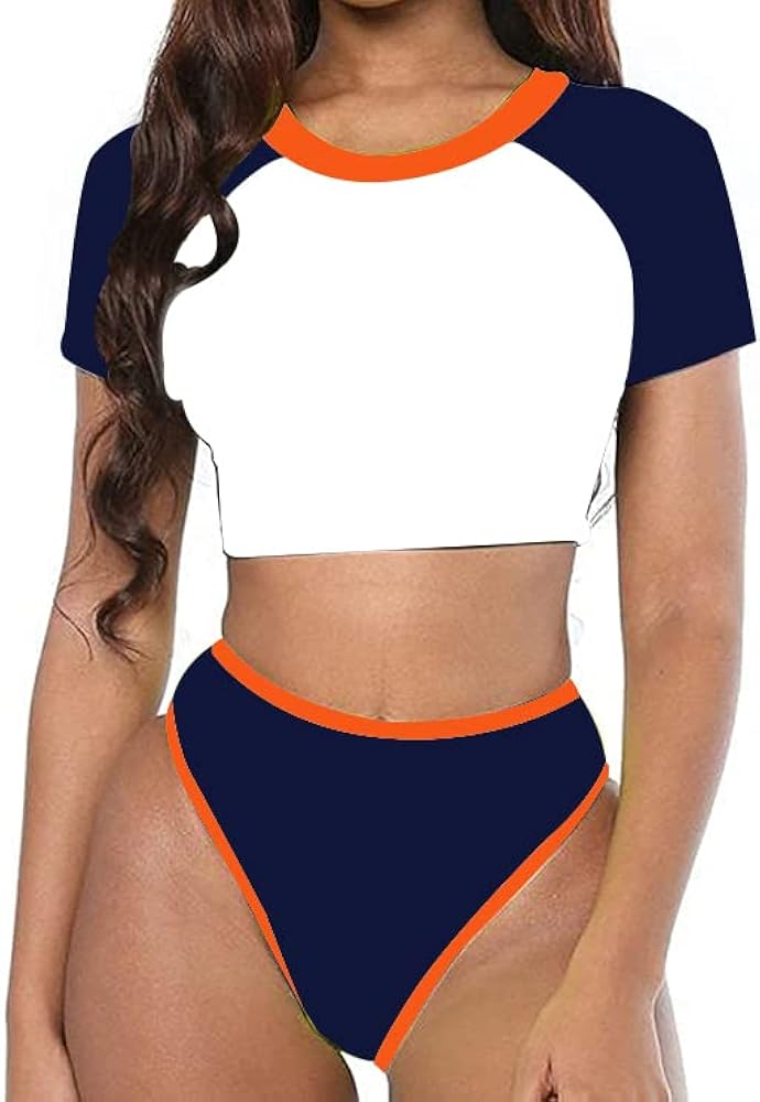 Women's Short Sleeve Swimsuit High Waisted Bikini Neon Bathing Suits Thong Triangle Swimwear Rashguard