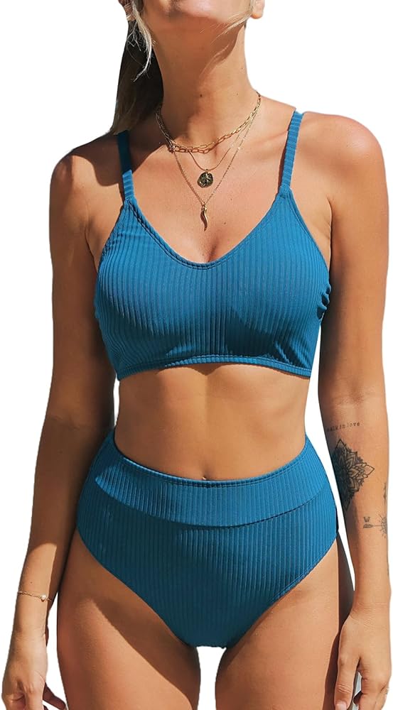 CUPSHE Women's Bikini Set Two Piece Swimsuit Ribbed V Neck Adjustable Cami Spaghetti Straps High Waisted Bottom