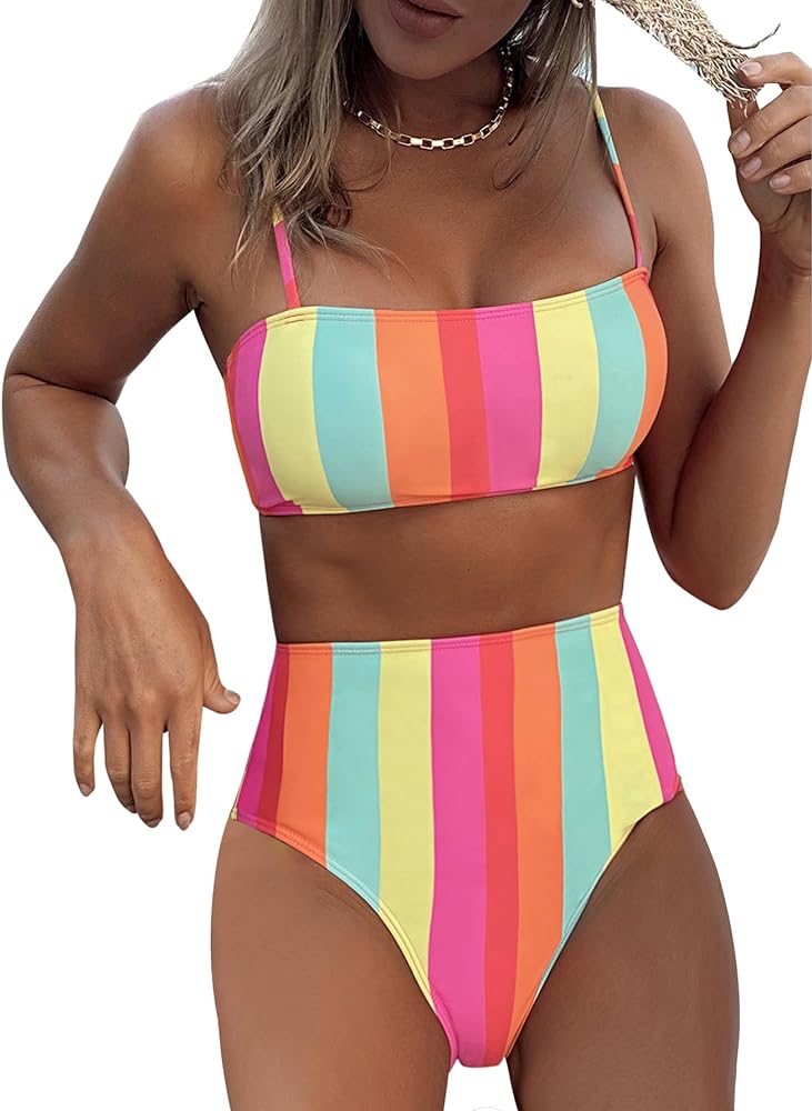 SHENHE Women's 2 Piece High Waisted Swimsuit Color Block Rainbow Striped Bathing Suit Bikini Set