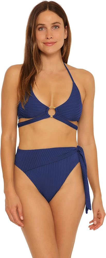 Trina Turk Women's Standard Olympia Ribbed High Waist Bikini Bottoms-Tie Wrap, Cheeky Coverage, Swimwear Separates