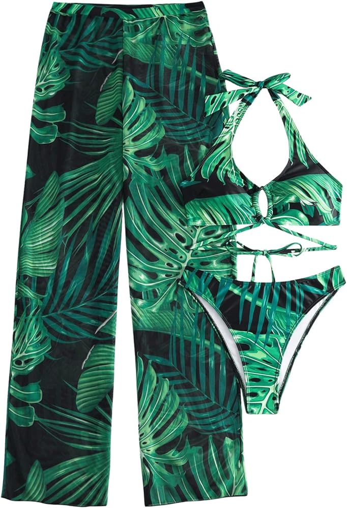 Verdusa Women's 3 Piece Tropical Print Halter Bikini Swimsuit with Cover Up Pants