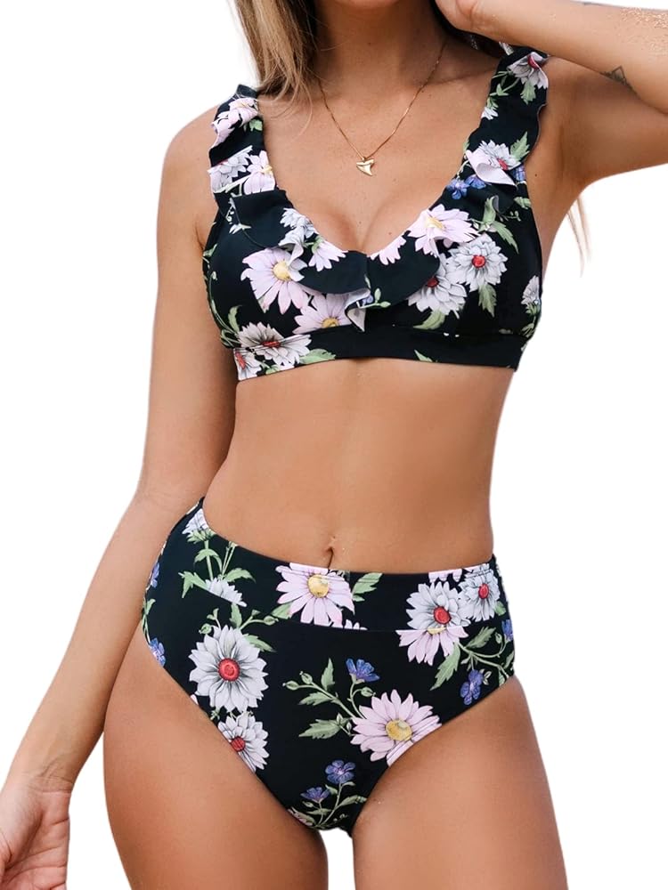 CUPSHE Women Bikini Set 2 Piece Swimsuit Ruffle V Neck Back Tie Floral Mid Waisted Bottom