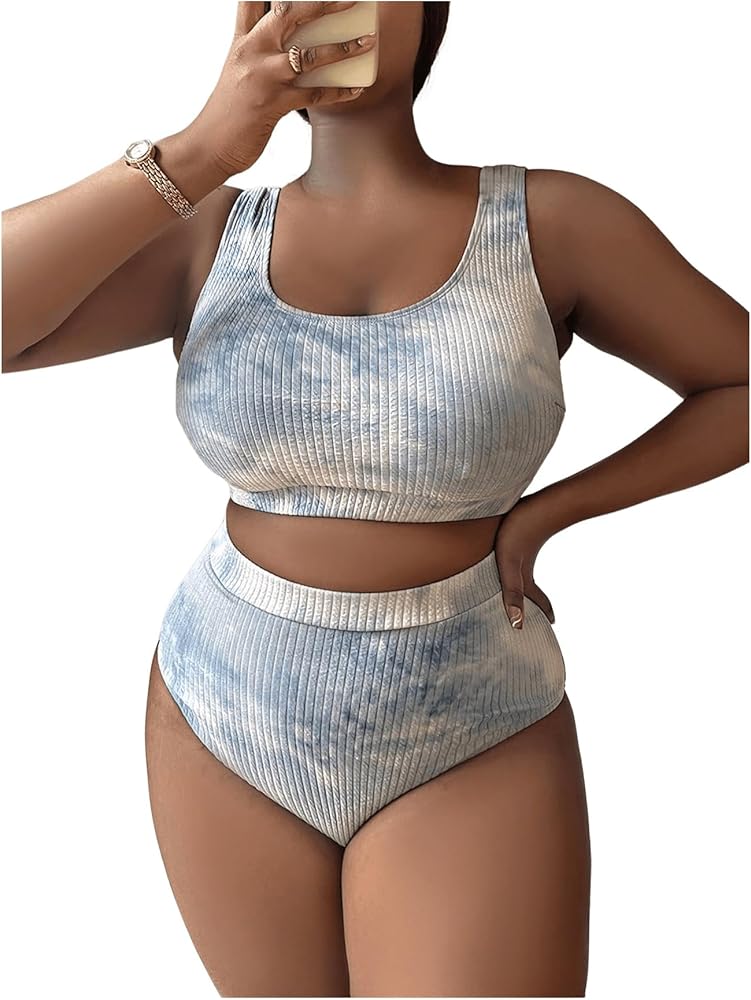 MakeMeChic Women's Plus Size 2 Piece Bathing Suits Tie Dye High Waisted Ribbed Bikini Swimsuits