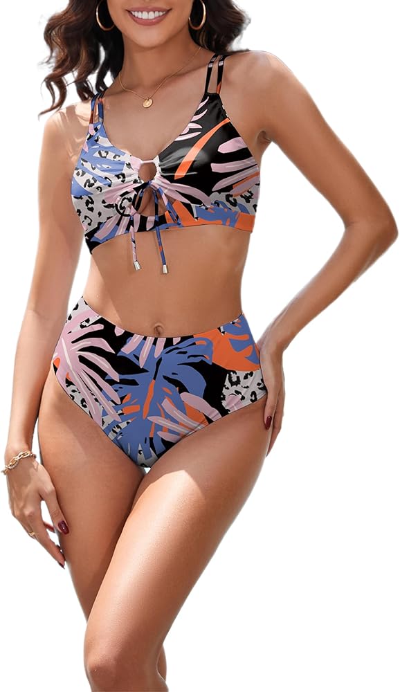 Womens Bikini Set Two Piece Swimsuit High Waisted O Ring Strappy Swim Suits Spaghetti Straps Bathing Suits 2024