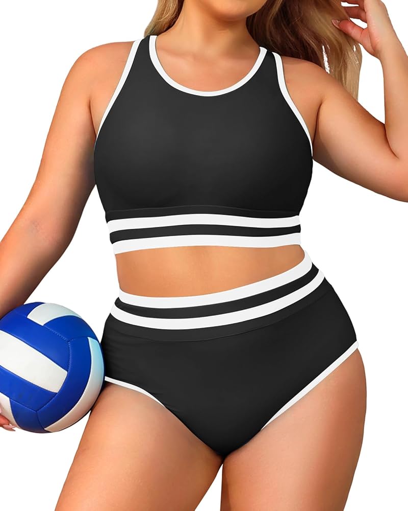 Yonique Plus Size High Waisted Bikini Sets Two Piece Color Block Swimsuits High Neck Racerback Bikini Sporty Bathing Suits