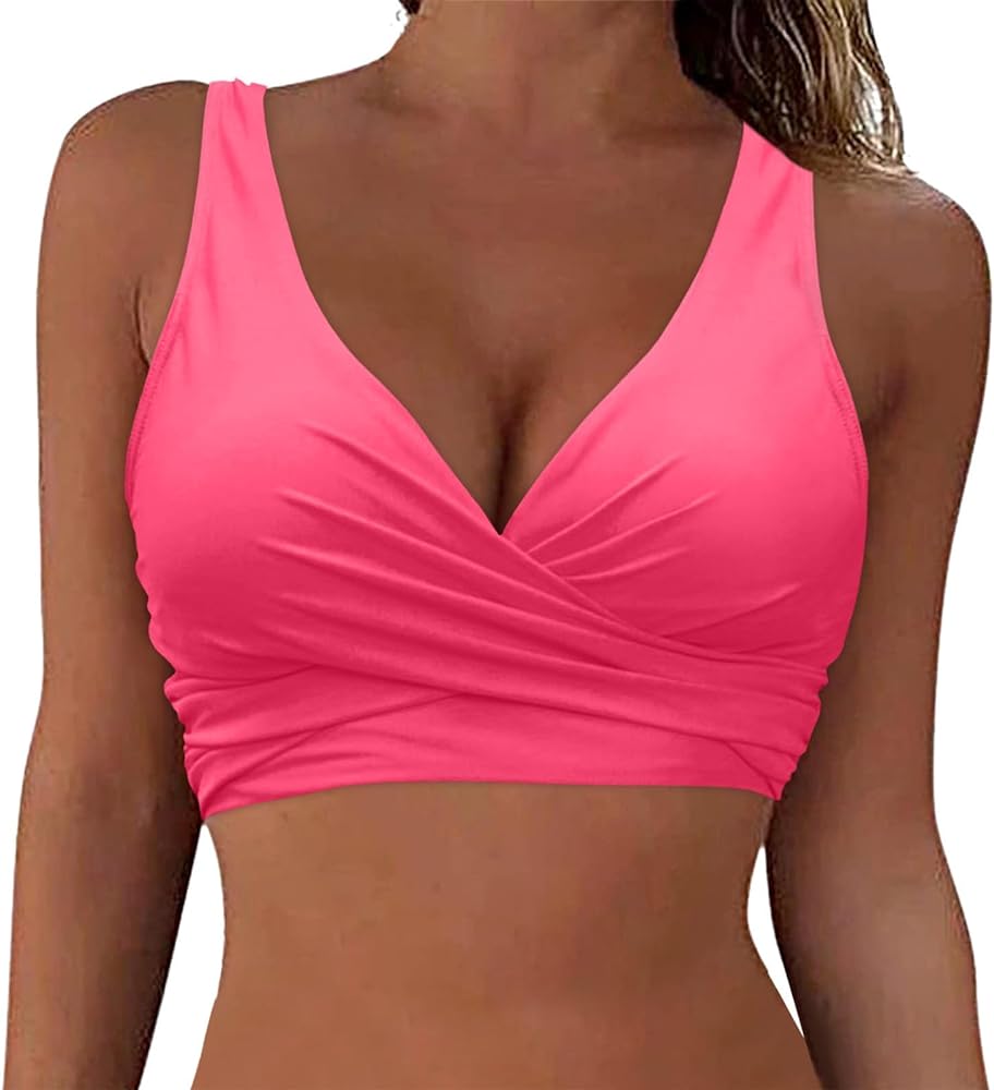 Women's Twist Front Bikini Top V Neck Push Up Padded Swimsuit Top Bathing Suits Adjustable Backless Beach Swimwear