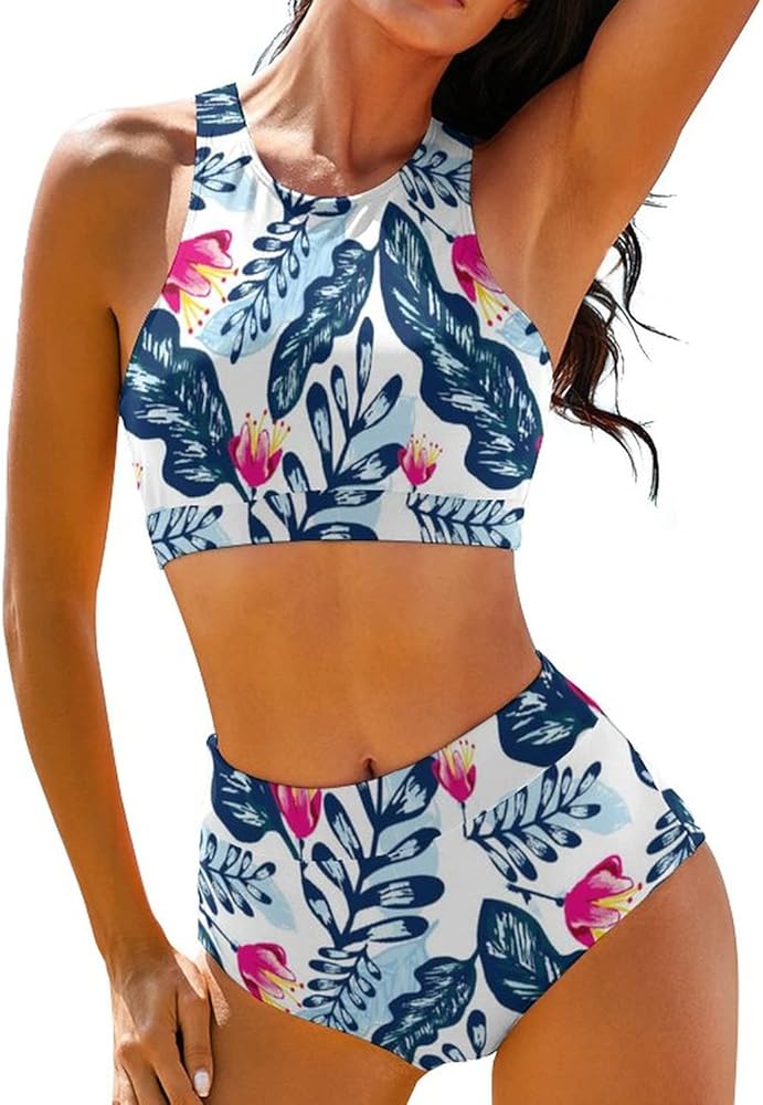 High Waisted Bikinis for Women High Neck Sporty Racerback Crop Top Swimsuit High Cut Two Piece Bathing Suit XS-XXL