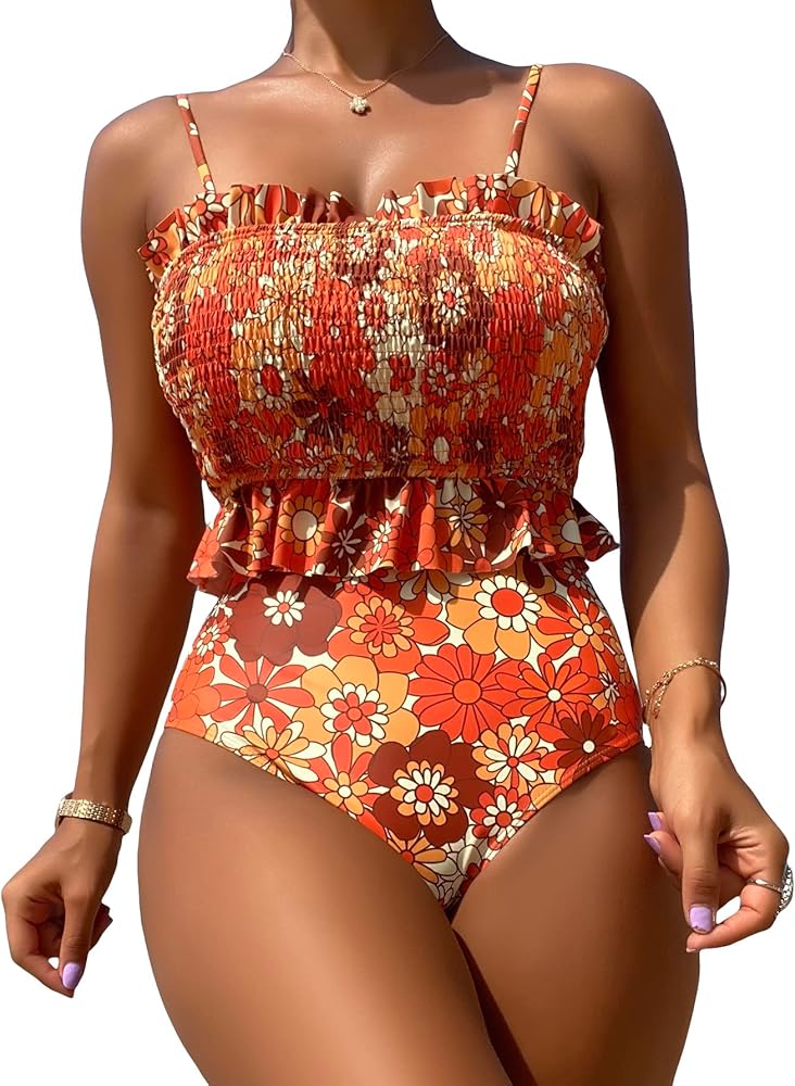 WDIRARA Women's 2 Piece Set Floral Print Tankini Swimwear Smocked Ruffle Hem Onepiece Swimsuit Bikini Set