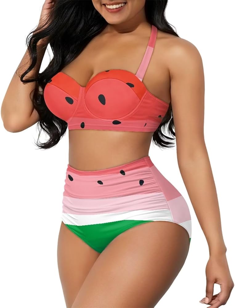 Women's Two Pieces Bikini Sets Halter Top with Swimsuit Bottom High Waist Bathing Suit Tummy Control