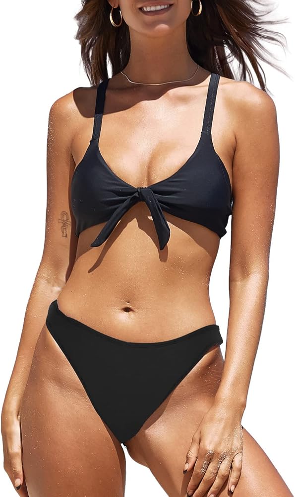 SouqFone Women's V Neck Tie Knot Front Swimsuit Ruffled Push Up Bikini Set,Flower Black-M