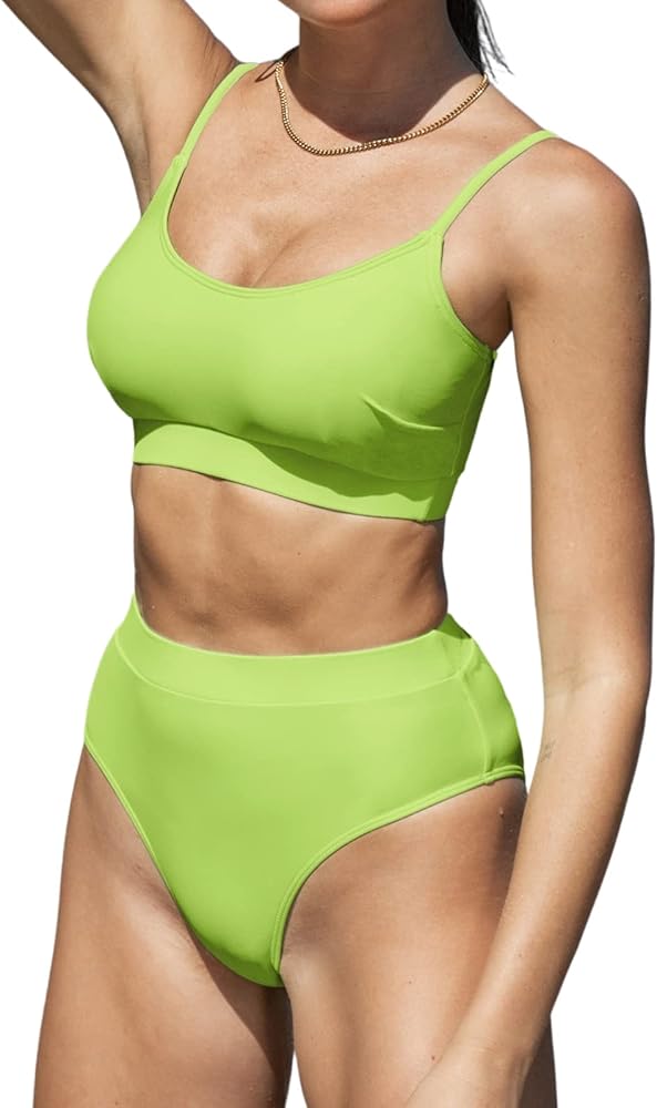 CUPSHE Women Bikini Sets Two Piece Swimsuit Scoop Neck Tank Adjustable Spaghetti Straps High Waisted Bottom