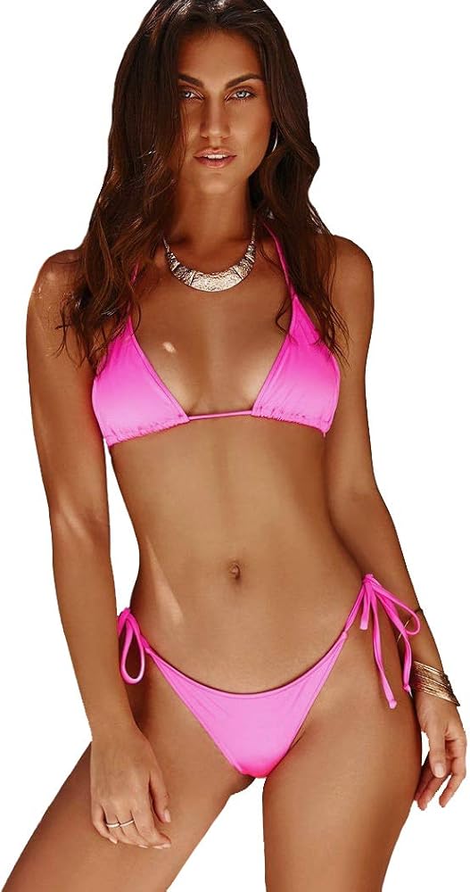 Chynna Dolls Swimwear Neon Pink Solid Classic Triangle & Scrunch Bottom Bikini Set